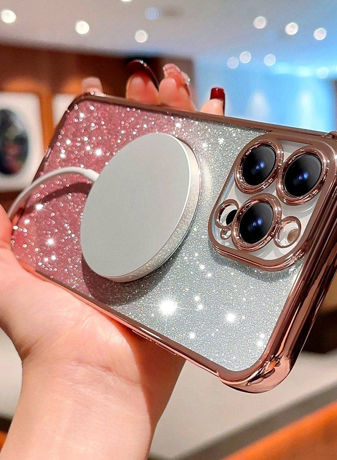 Magnetic Glitter Case for iPhone 16 Pro Max with Camera Lens Protector, MagSafe Compatibility, Luxury Plating, Cute Bling Sparkly Clear Slim Shockproof Phone Cover for Women and Girls，Pink  - Image 3