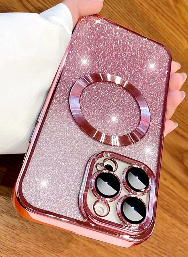 Magnetic Glitter Case for iPhone 16 Pro Max with Camera Lens Protector, MagSafe Compatibility, Luxury Plating, Cute Bling Sparkly Clear Slim Shockproof Phone Cover for Women and Girls，Pink  - Image 4
