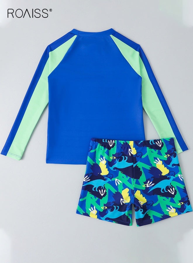 roaiss Boys 2PCS Swimsuit, Quick-drying Swim Set with Dinosaur Top and Shorts, Summer Bathing Suit, Rash Guard Long Sleeve Swimsuits  - Image 2