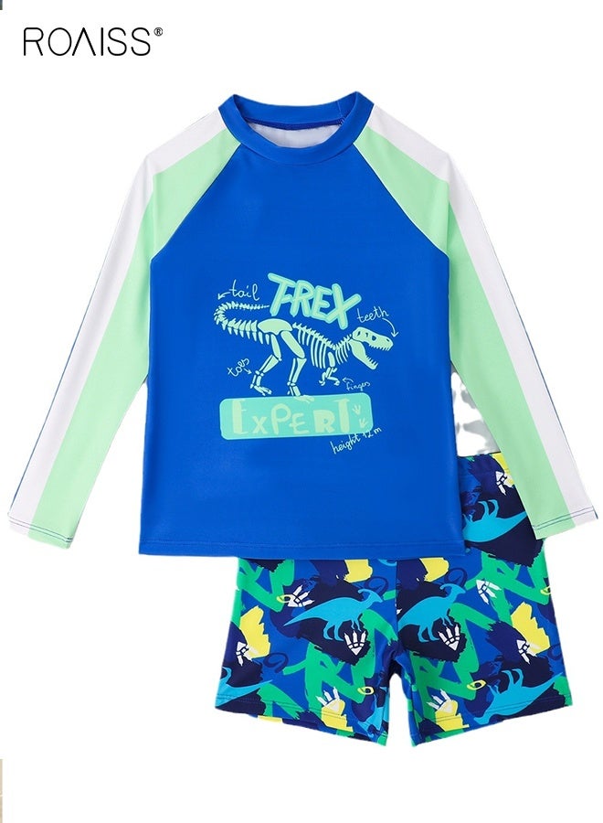 roaiss Boys 2PCS Swimsuit, Quick-drying Swim Set with Dinosaur Top and Shorts, Sun Protection Bathing Suit for Boys, Breathable Skin-friendly Rash Guard Long Sleeve Swimsuits - Image 2