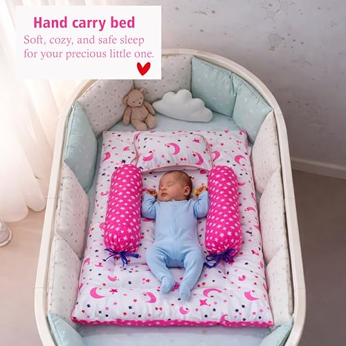 Fareto Combo of Baby Bed with Net | Carry Bag | 4 Pcs Bedding Set (0-6 Months, Baby Size, Cotton) (Pink Moon) - Image 3