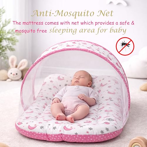 Fareto Combo of Baby Bed with Net | Carry Bag | 4 Pcs Bedding Set (0-6 Months, Baby Size, Cotton) (Pink Moon) - Image 5