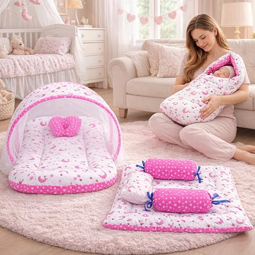 Fareto Combo of Baby Bed with Net | Carry Bag | 4 Pcs Bedding Set (0-6 Months, Baby Size, Cotton) (Pink Moon) - Image 1