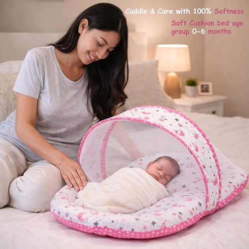 Fareto Combo of Baby Bed with Net | Carry Bag | 4 Pcs Bedding Set (0-6 Months, Baby Size, Cotton) (Pink Moon) - Image 2