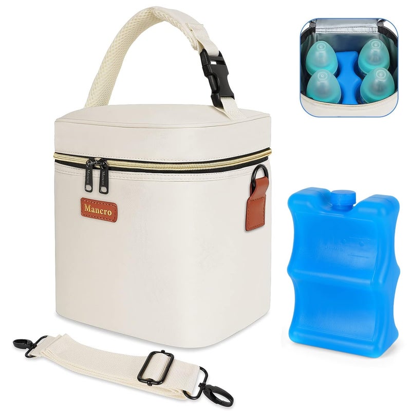Mancro Breastmilk Cooler Bag for Travel Fits 4 Baby Bottles Up to 9 Ounce Baby Bottle bag with Ice Pack Insulation Breast Milk Cooler Travel Cream