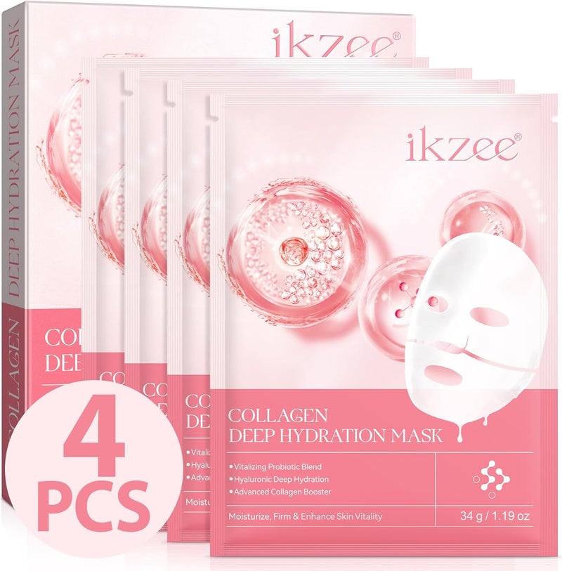 Bio Collagen Face Mask 4pcs Soothing Hydrating Face Mask Reduce Fine Lines Wrinkles Boost Skin Elasticity Moisturizing Pore Minimizing Anti Aging and Rejuvinating Sheets Skincare Collagen Mask