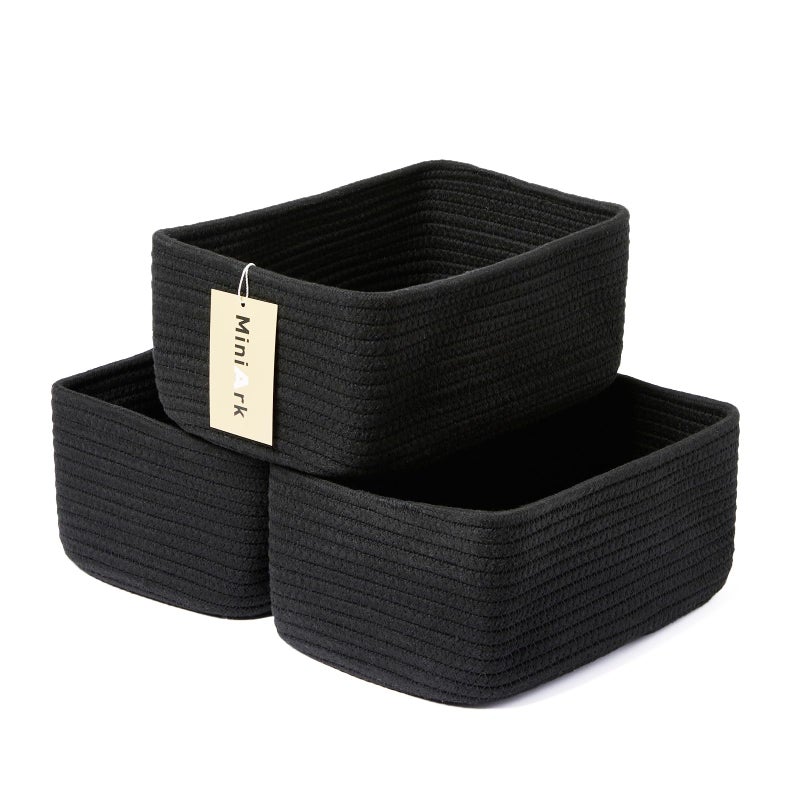 MiniArk Small Storage Baskets for Organizing | Closet Organizer Bins | Shelf Toy Basket | Woven Rope Baskets | Cube Decorative Box | Shallow Basket | 11.5x7.5x4.7â€ | 3 Packs Black - Image 1