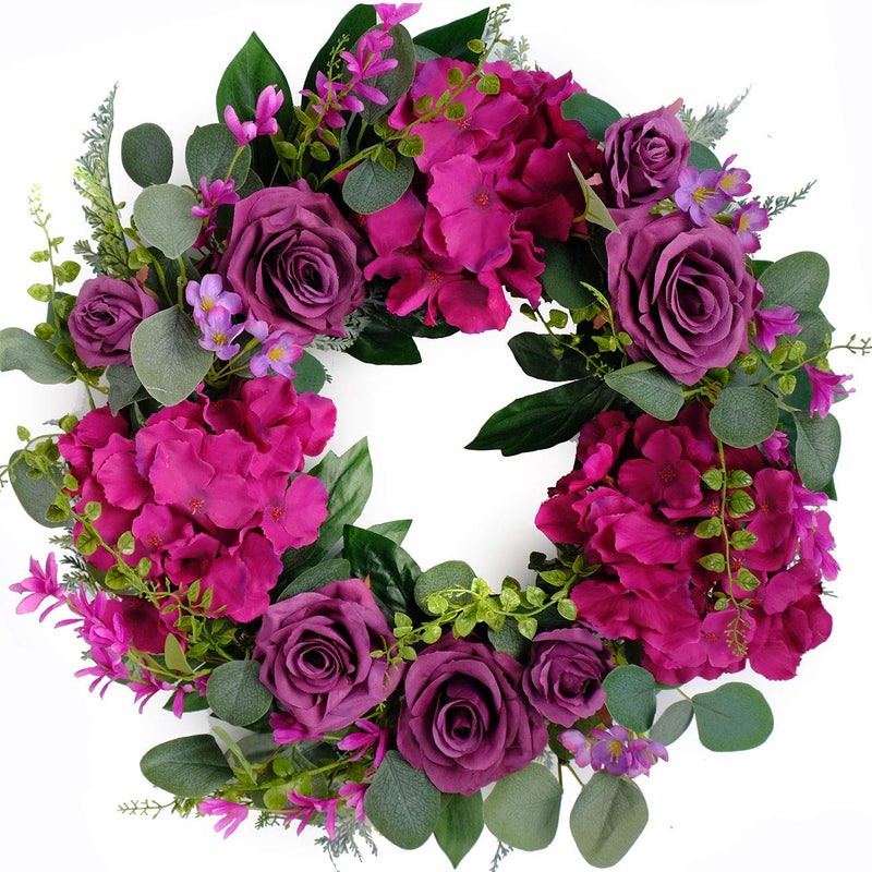 Bibelot Artificial Purple Rose Wreaths 20 inches Front Door Wreath with Hydrangea Green Leaves Artificial Spring Wreaths Valentines Mother's Day Wreath for Wall Wedding Party Home Decor (Purple) - Image 1