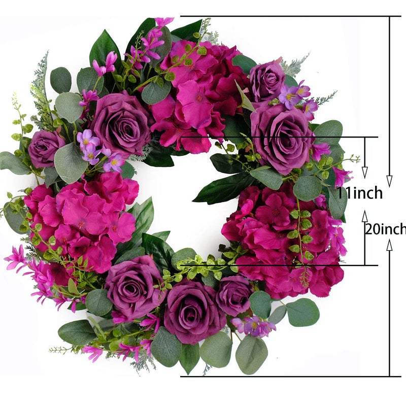 Bibelot Artificial Purple Rose Wreaths 20 inches Front Door Wreath with Hydrangea Green Leaves Artificial Spring Wreaths Valentines Mother's Day Wreath for Wall Wedding Party Home Decor (Purple) - Image 2