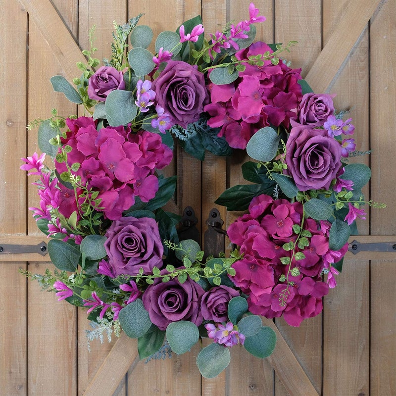 Bibelot Artificial Purple Rose Wreaths 20 inches Front Door Wreath with Hydrangea Green Leaves Artificial Spring Wreaths Valentines Mother's Day Wreath for Wall Wedding Party Home Decor (Purple) - Image 4