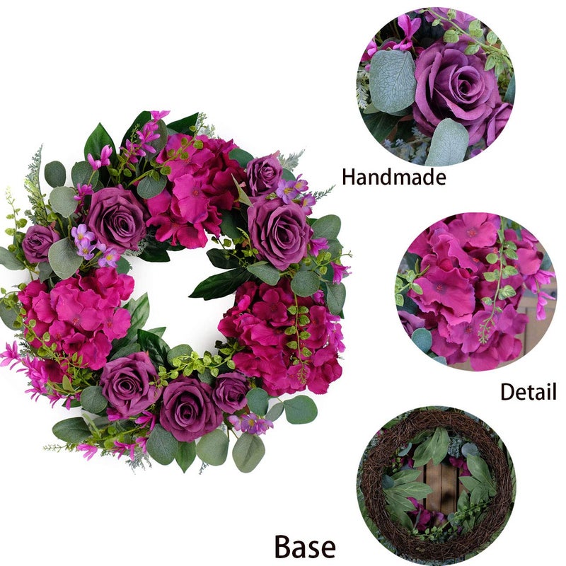 Bibelot Artificial Purple Rose Wreaths 20 inches Front Door Wreath with Hydrangea Green Leaves Artificial Spring Wreaths Valentines Mother's Day Wreath for Wall Wedding Party Home Decor (Purple) - Image 3