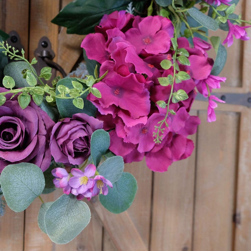 Bibelot Artificial Purple Rose Wreaths 20 inches Front Door Wreath with Hydrangea Green Leaves Artificial Spring Wreaths Valentines Mother's Day Wreath for Wall Wedding Party Home Decor (Purple) - Image 5