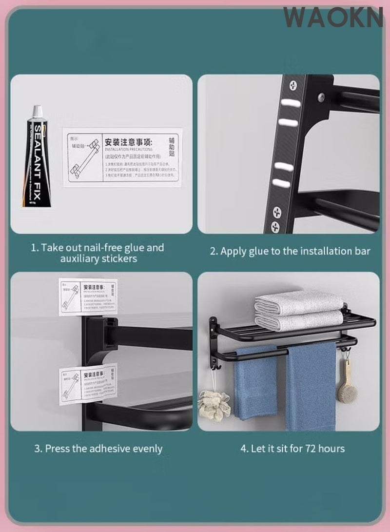 WAOKN New space aluminum towel rack double-layer folding storage hanging rack, bathroom towel rack 40cm towel rack, foldable towel rack with towel bar, bathroom non perforated towel rack, bathroom towel storage rack wall mounted (matte black) - Image 2