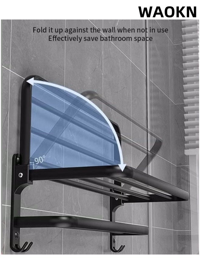 WAOKN New space aluminum towel rack double-layer folding storage hanging rack, bathroom towel rack 40cm towel rack, foldable towel rack with towel bar, bathroom non perforated towel rack, bathroom towel storage rack wall mounted (matte black) - Image 4