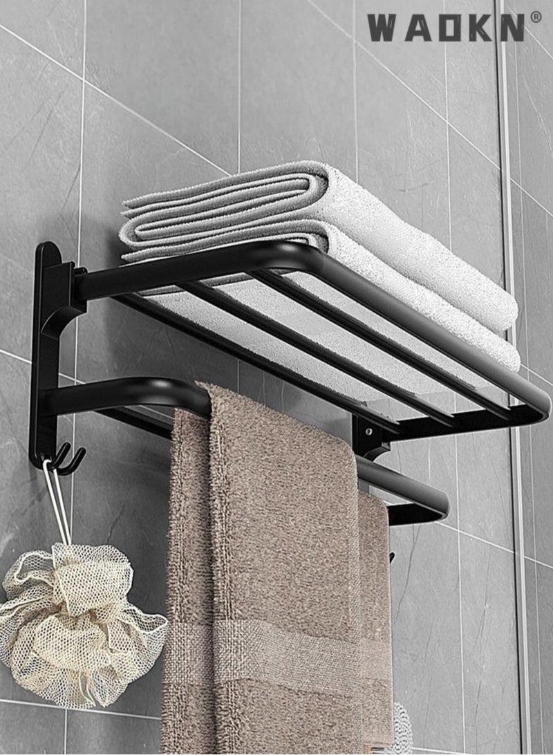 WAOKN New space aluminum towel rack double-layer folding storage hanging rack, bathroom towel rack 40cm towel rack, foldable towel rack with towel bar, bathroom non perforated towel rack, bathroom towel storage rack wall mounted (matte black) - Image 1