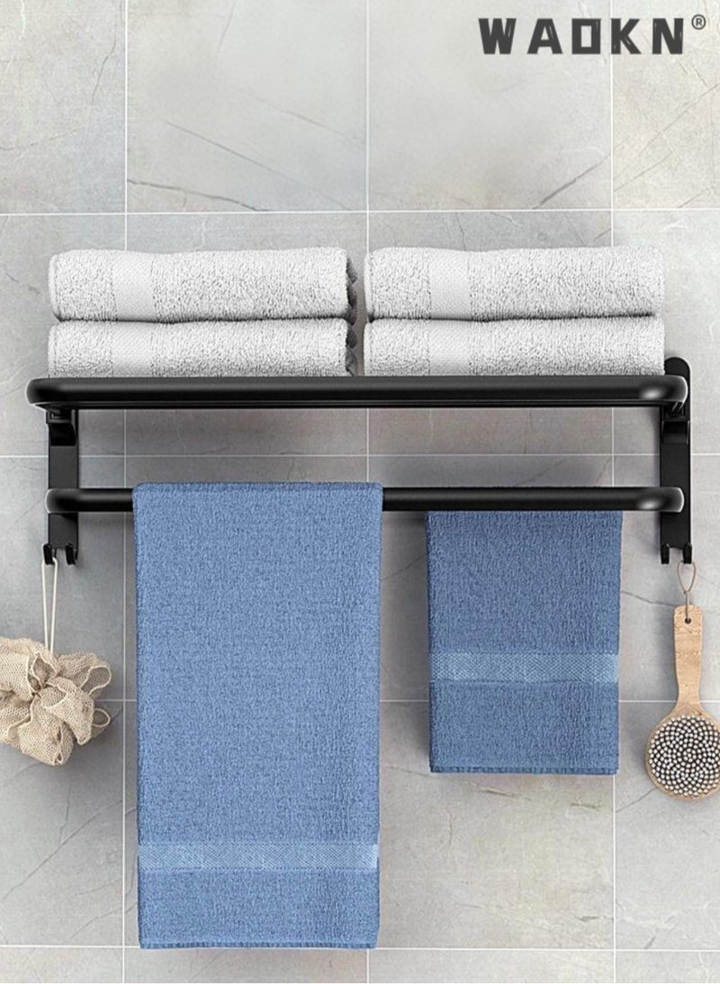 WAOKN New space aluminum towel rack double-layer folding storage hanging rack, bathroom towel rack 40cm towel rack, foldable towel rack with towel bar, bathroom non perforated towel rack, bathroom towel storage rack wall mounted (matte black) - Image 3