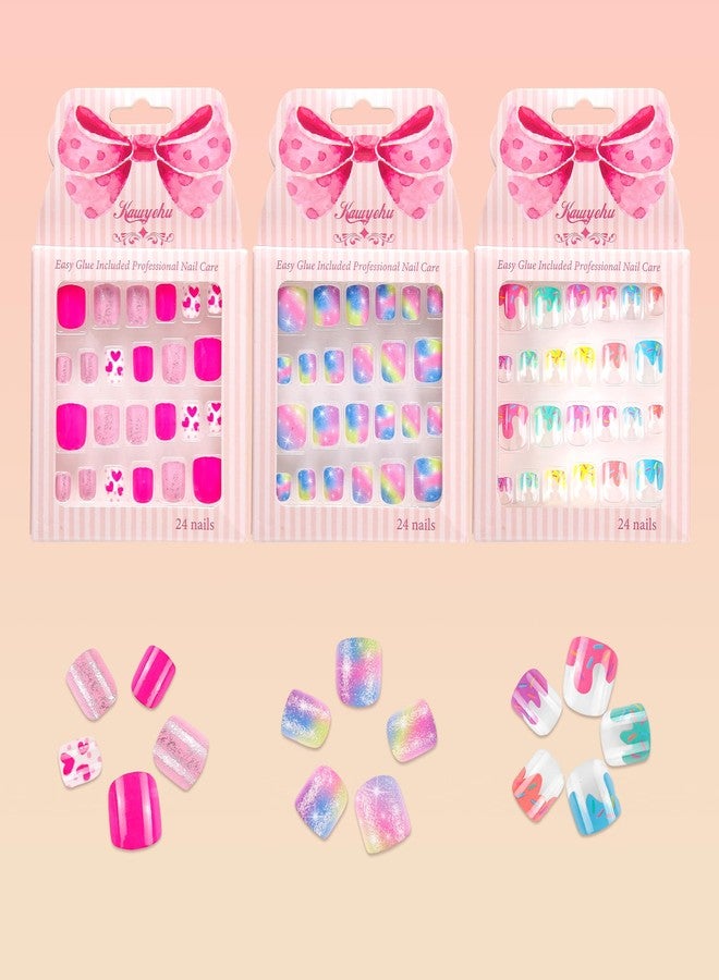 Kawyehu Kids Press on Nails Children Fake Nails 72PCS Artificial Nail Tips Adhesive Full Cover Short False Fingernails for Girls Kids Nail Decoration (Starry Heart Ice Cream) - Image 3