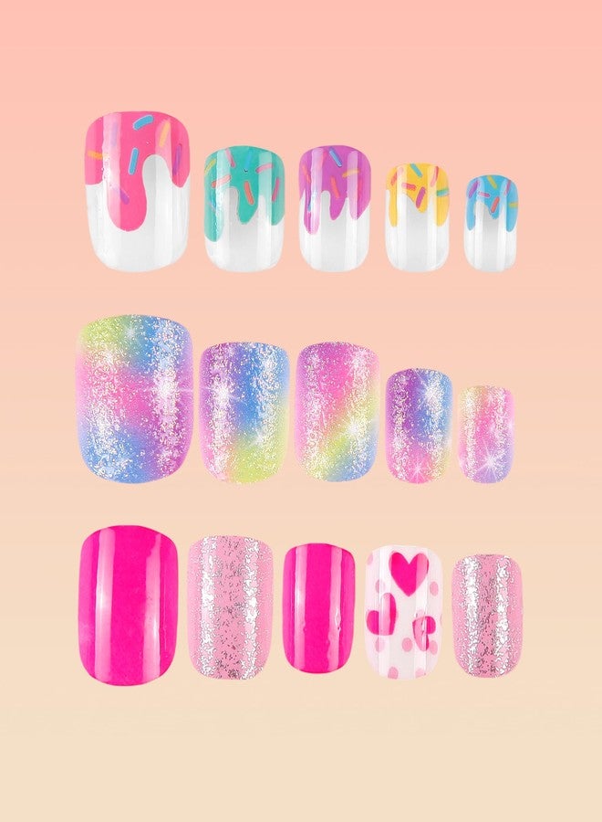 Kawyehu Kids Press on Nails Children Fake Nails 72PCS Artificial Nail Tips Adhesive Full Cover Short False Fingernails for Girls Kids Nail Decoration (Starry Heart Ice Cream) - Image 4