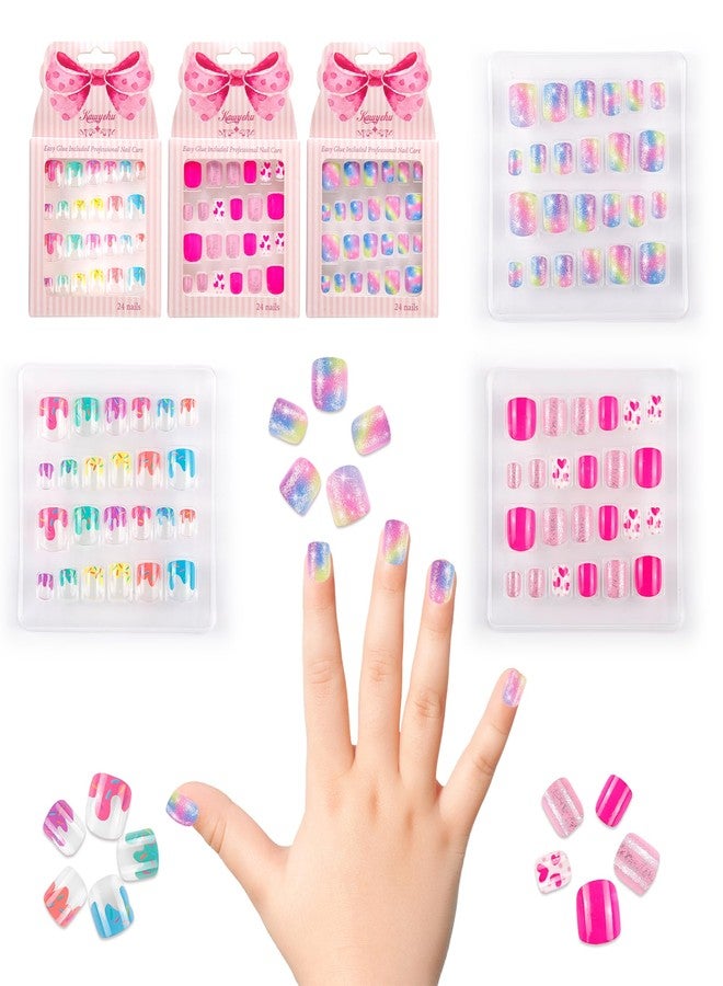 Kawyehu Kids Press on Nails Children Fake Nails 72PCS Artificial Nail Tips Adhesive Full Cover Short False Fingernails for Girls Kids Nail Decoration (Starry Heart Ice Cream) - Image 2