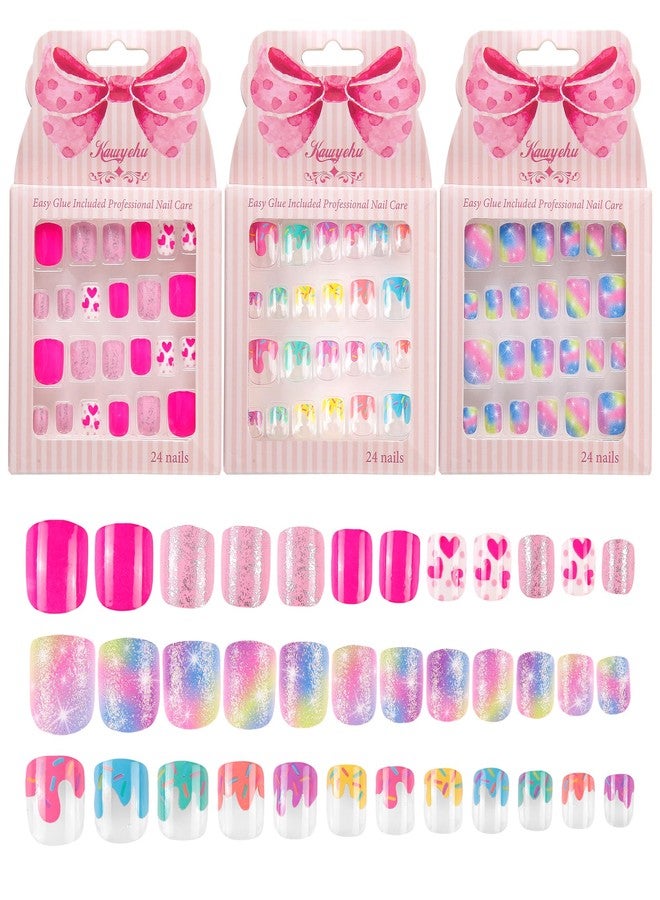 Kawyehu Kids Press on Nails Children Fake Nails 72PCS Artificial Nail Tips Adhesive Full Cover Short False Fingernails for Girls Kids Nail Decoration (Starry Heart Ice Cream) - Image 1