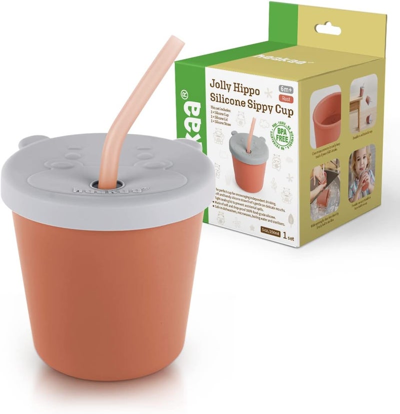 Haakaa Jolly Hippo Silicone Straw Sippy Cup - Rust - Image 1