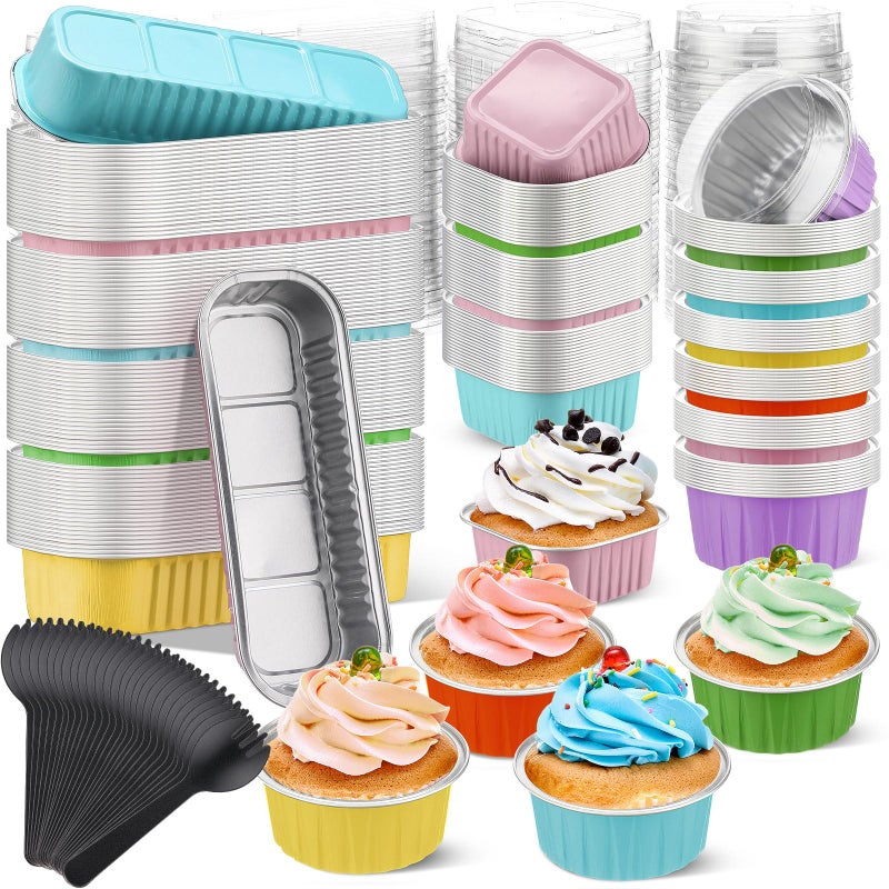 Blushtier 360 Pcs Mini Loaf Pans with Lids and Spoons Disposable Mini Cake Pans, 6.8, 5, 4.2 oz Square Rectangle Round Aluminum Foil Cupcake Baking Cups Dessert Liners Tins for Desserts, Multicolor - Image 1