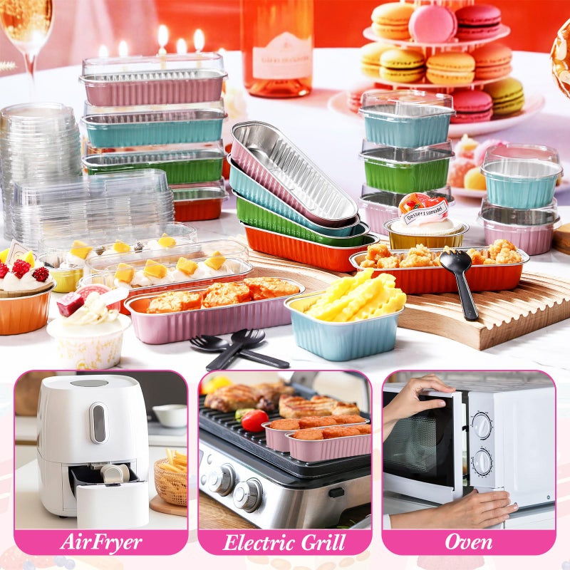 Blushtier 360 Pcs Mini Loaf Pans with Lids and Spoons Disposable Mini Cake Pans, 6.8, 5, 4.2 oz Square Rectangle Round Aluminum Foil Cupcake Baking Cups Dessert Liners Tins for Desserts, Multicolor - Image 3