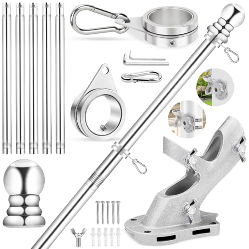 REERON Flag Pole for House 6 FT Stainless Steel Spinning Flag Pole Kit 1 Rustproof Porch Flagpole with 360 Tangle Free Metal Flagpole Rings 2Position Bracket for Outdoor Sport for 3x5 Flags - Image 1