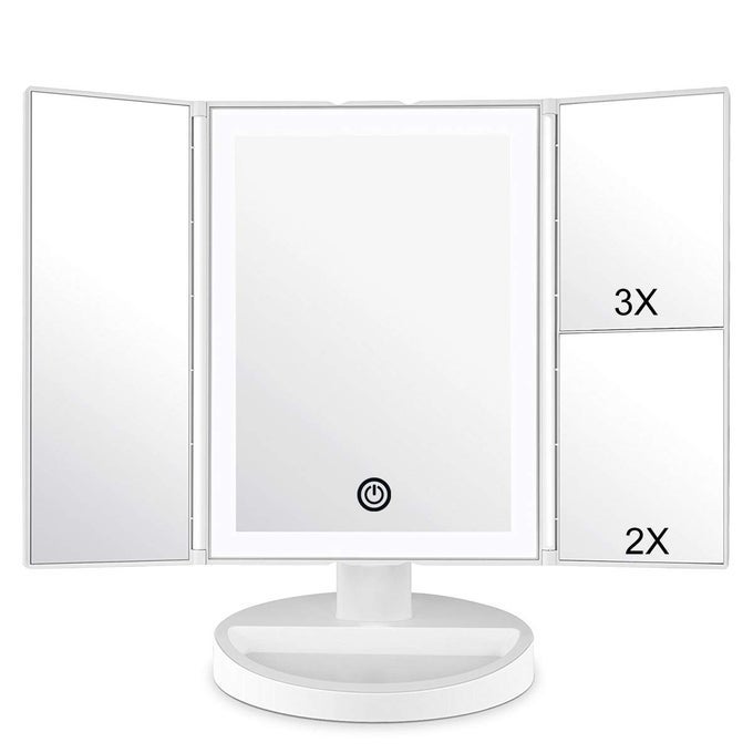MAKEUP VANITY MIRROR WITH LED LIGHTING AND TOUCH SCREEN TRIFOLD 1X 2X 3X MAGNIFICATION180 ADJUSTABLE ROTATIONBATTERY AND USB POWEREDCOUNTERTOP COSMETIC MIRROR WHITE