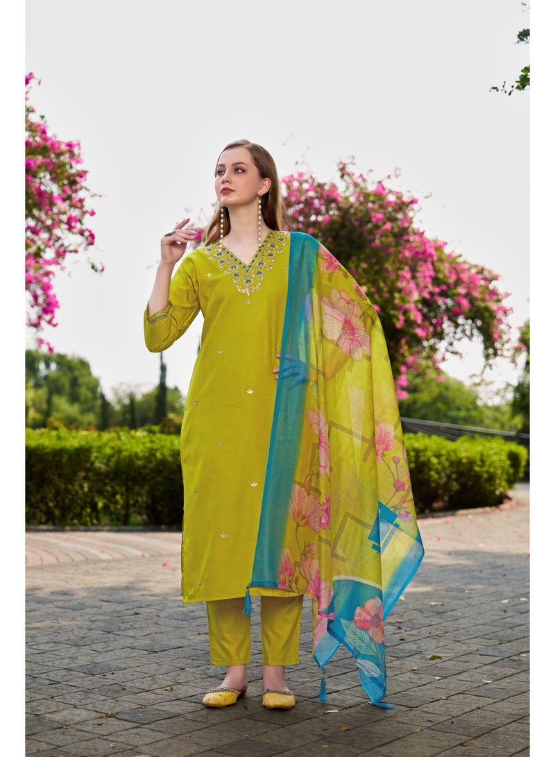 VISHVA CREATION Lime Embroidered Kurta Suit Set for Women - Image 1