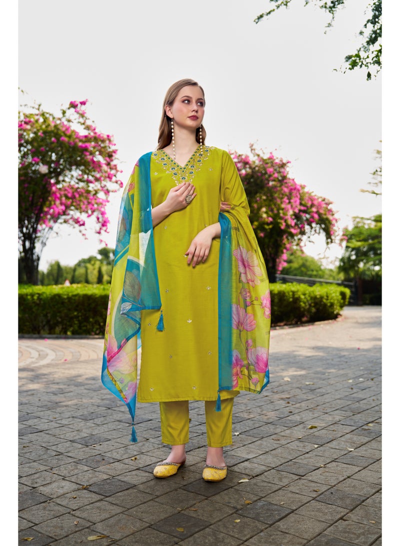 VISHVA CREATION Lime Embroidered Kurta Suit Set for Women - Image 2