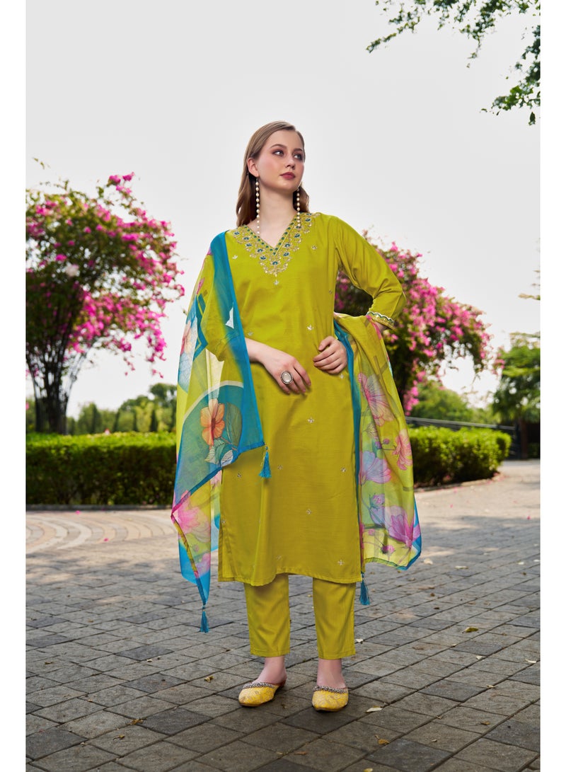 VISHVA CREATION Lime Embroidered Kurta Suit Set for Women - Image 3