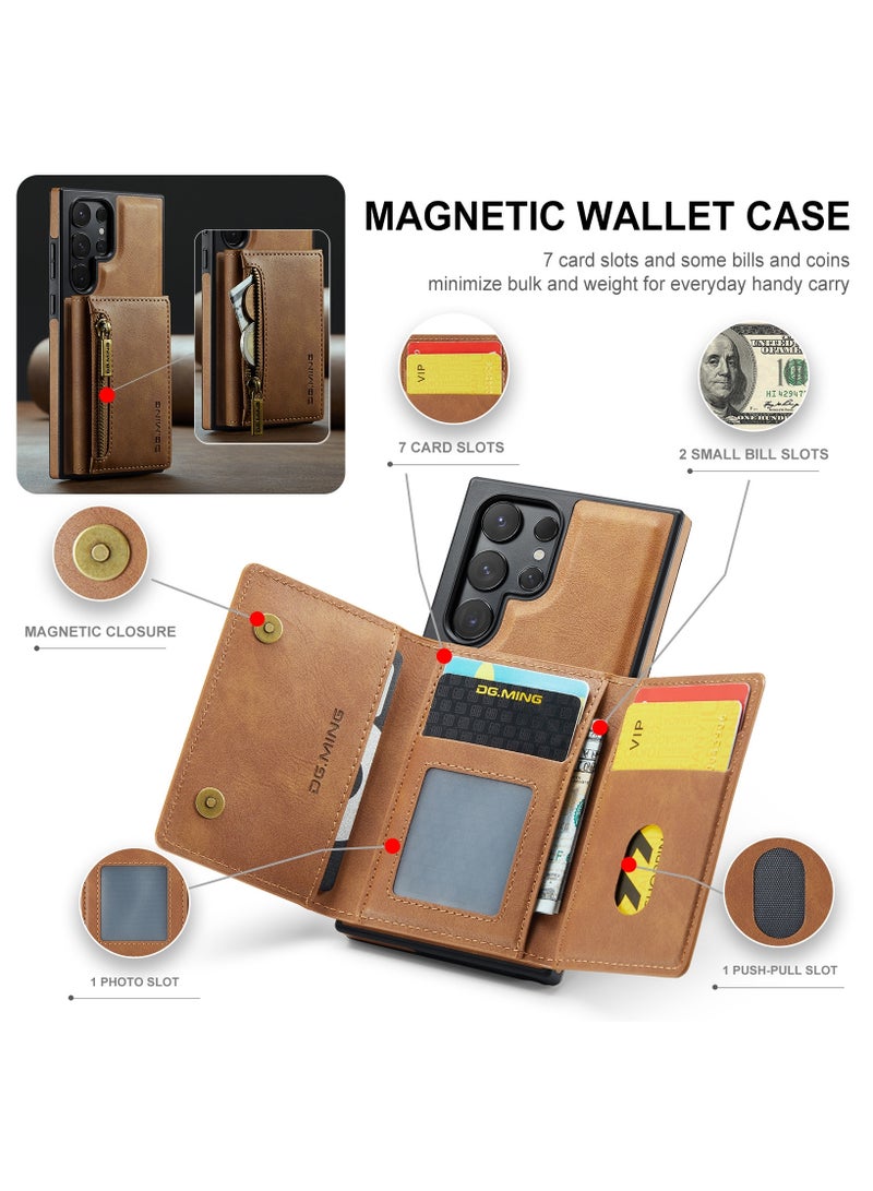 DGMING CaseMe Wallet Case for Samsung Galaxy S24 Ultra DGMING Premium Leather Phone Case Back Cover Magnetic Detachable with Trifold Wallet Card Holder Pocket - Brown  - Image 4