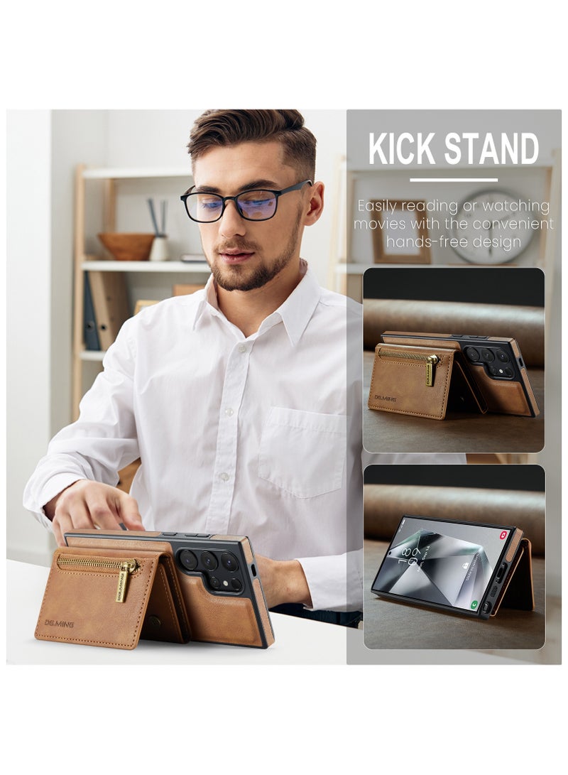 DGMING CaseMe Wallet Case for Samsung Galaxy S24 Ultra DGMING Premium Leather Phone Case Back Cover Magnetic Detachable with Trifold Wallet Card Holder Pocket - Brown  - Image 3