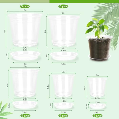 FUOAUYK 76543 Inch Clear Nursery Pots with Drainage Trays 25 Pack Plastic Pots for Plants Clear Pot for Seed Starting Transplanting Succulents and Indoor Gardening 34567 inch - Image 3