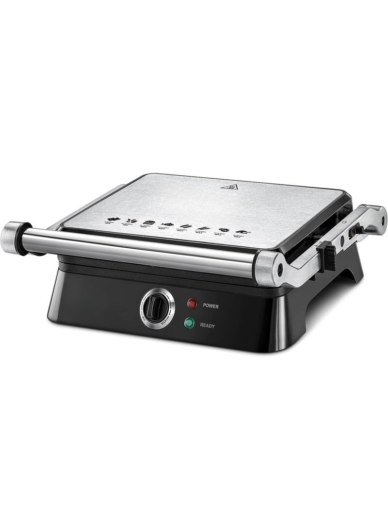 1400W Electric Contact Grill with Full Flat Grill Surface 180° Hinge Variable Temperature Control Non-Stick Plates Removable Drip Tray - Image 1
