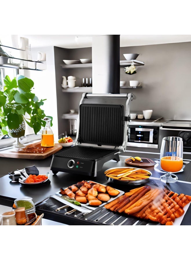 1400W Electric Contact Grill with Full Flat Grill Surface 180° Hinge Variable Temperature Control Non-Stick Plates Removable Drip Tray - Image 4