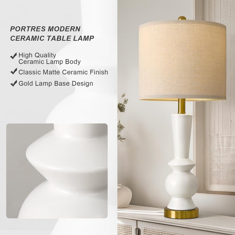 PORTRES 27" Modern Ceramic Table Lamp Set of 2 for Living Room White & Gold Bedside Lamps for Bedroom Nightstand Lamp Tall End Table Lamps - Image 2