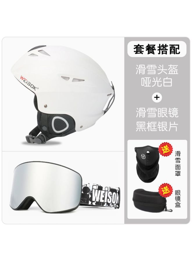 Ski Helmet for Men and Women with Integrated Snow Goggles, Matte White + Black Frame Silver Lens, Adult and Youth, Professional Skiing and Snowboarding Equipment