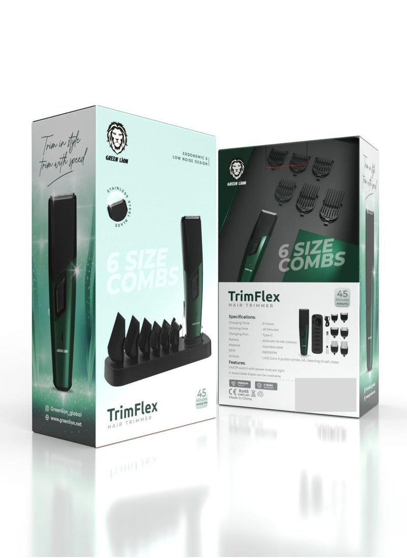 GREEN LION - Trim Flex Hair Trimmer with 6 Size Combs, 600mAh Battery Capacity, 8 Hours Charging Time, 45 Minutes Working Time, Type-C Charging Port, Stainless Steel Material, LED Indicator, Ergonomic & Low Noise Design - Black - Image 1