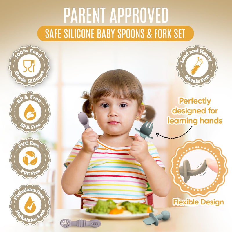 HippoBaby 4pc Silicone Self feeding baby utensils 6-12 months, 3 baby spoon, 1 baby fork, Toddler Cutlery Set, BPA Free, Dishwasher Safe, Baby eating essentials (Light pink/Army Green) - Image 2