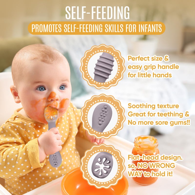 HippoBaby 4pc Silicone Self feeding baby utensils 6-12 months, 3 baby spoon, 1 baby fork, Toddler Cutlery Set, BPA Free, Dishwasher Safe, Baby eating essentials (Light pink/Army Green) - Image 5