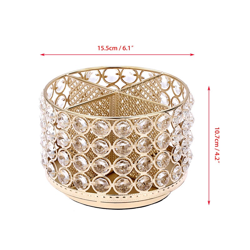 BTSKY Crystal 360 Degree Rotating Desk Organizer Decorative Storage Box with 4 Compartments, Glitter Metal Makeup Brush Holder Elegant Storage Caddy Home Decor Gift for Women, Round-4 Slots Gold - Image 5