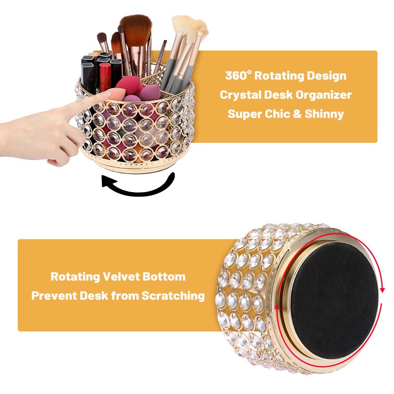 BTSKY Crystal 360 Degree Rotating Desk Organizer Decorative Storage Box with 4 Compartments, Glitter Metal Makeup Brush Holder Elegant Storage Caddy Home Decor Gift for Women, Round-4 Slots Gold - Image 2