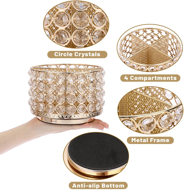 BTSKY Crystal 360 Degree Rotating Desk Organizer Decorative Storage Box with 4 Compartments, Glitter Metal Makeup Brush Holder Elegant Storage Caddy Home Decor Gift for Women, Round-4 Slots Gold - Image 4