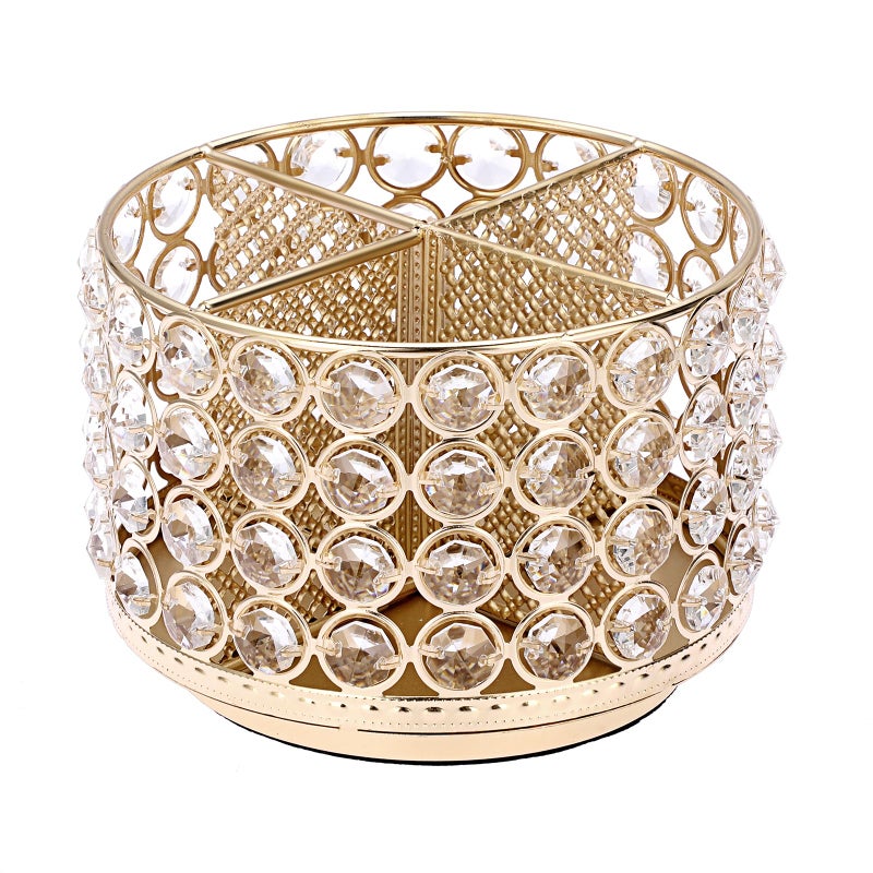 BTSKY Crystal 360 Degree Rotating Desk Organizer Decorative Storage Box with 4 Compartments, Glitter Metal Makeup Brush Holder Elegant Storage Caddy Home Decor Gift for Women, Round-4 Slots Gold - Image 1