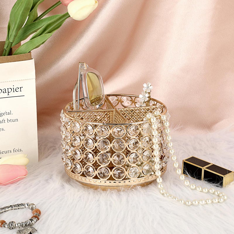 BTSKY Crystal 360 Degree Rotating Desk Organizer Decorative Storage Box with 4 Compartments, Glitter Metal Makeup Brush Holder Elegant Storage Caddy Home Decor Gift for Women, Round-4 Slots Gold - Image 3