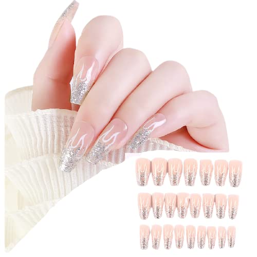 Coslifestore 24 Reusable Artificial Fake Nail Set| Long round Shape Glossy Press On Nails| Lightweight & Long Lasting| Quick Fix For Festivals & Special Occasions (Glitter Ombre French) - Image 1