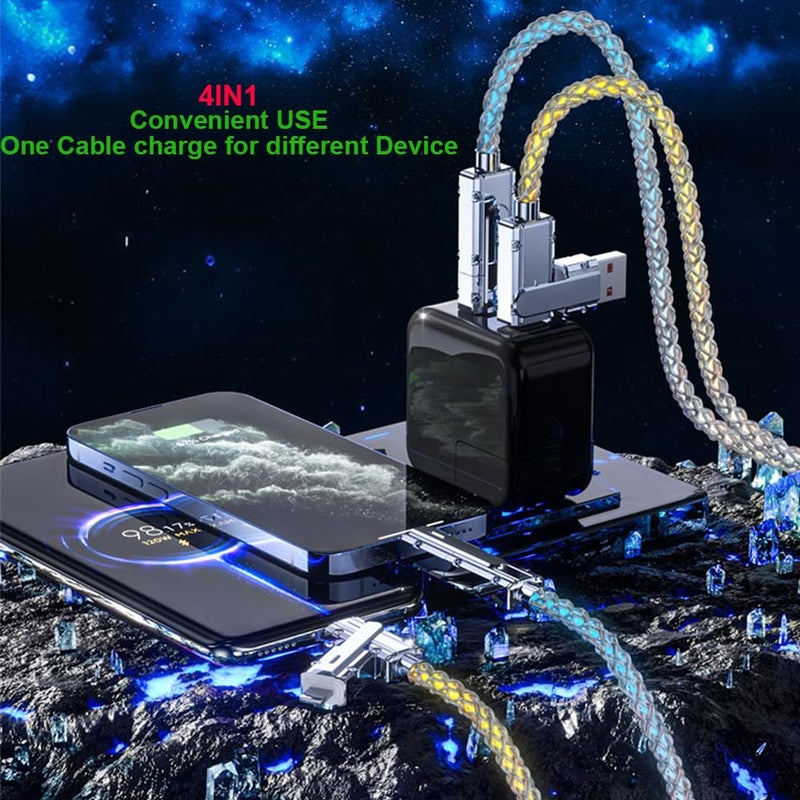 IHAO كابل شاحن IHAO متعدد المنافذ 4 تركيبات في كابل واحد USBA/USBC إلى USB C سريع الشحن مع إضاءة LED متدفقة متوافق مع معظم الأجهزة الكهربائية - 39 بوصة RGB - Image 2