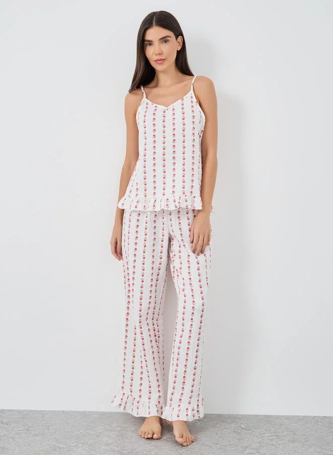 Styli Styli Linear Floral Cotton Gauze Ruffle Hem Cami and Pyjama Set